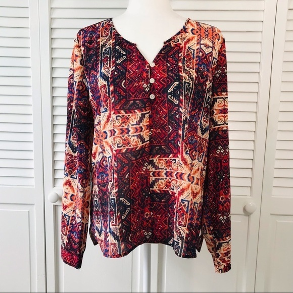SANCTUARY Boho Geometric Print Long Sleeve Blouse Size Small - Picture 1 of 7